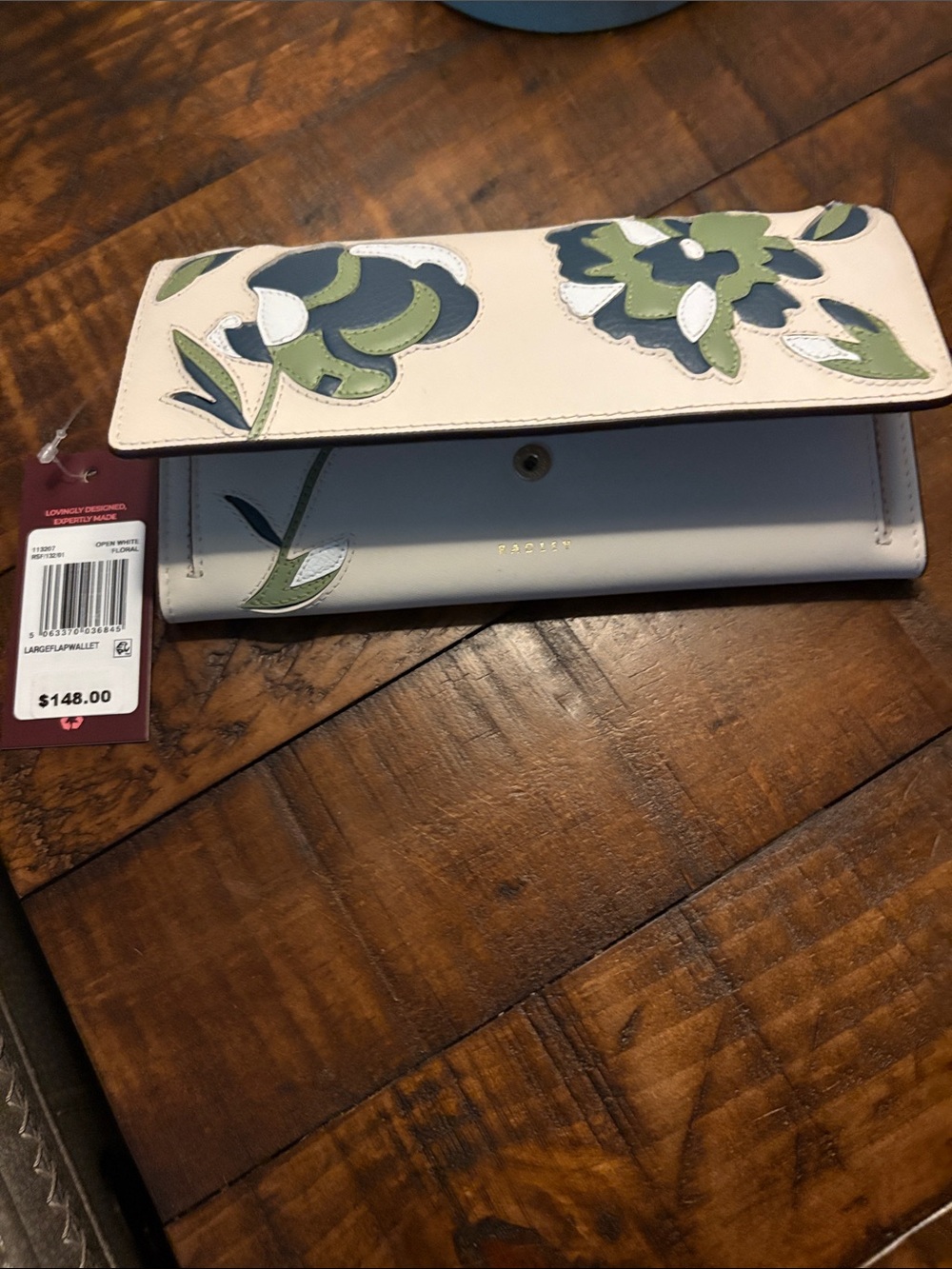 RADLEY LONDON White Floral Applique Continental Wallet with Green Accents